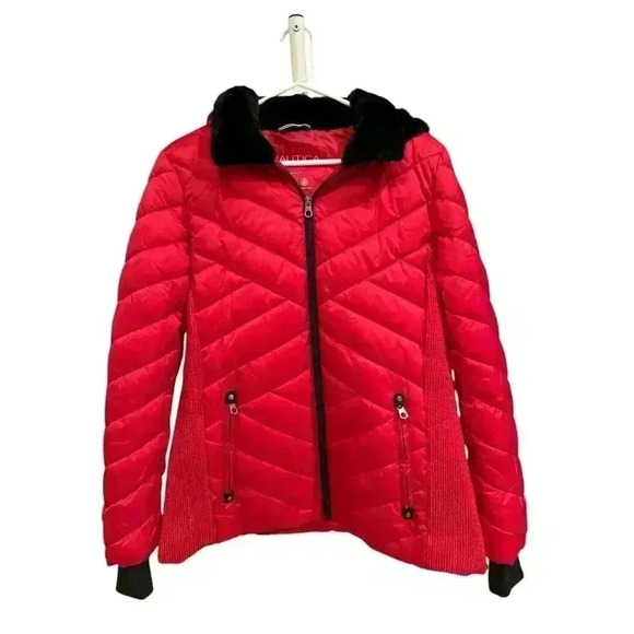 Nautica Puffer Jacket in Red with Faux Fur Hood Size L, EUC - Picture 1 of 9